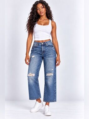 Ana HIGHEST RISE VINTAGE STRAIGHT blue ankle Jeans distress button fly cotton 10